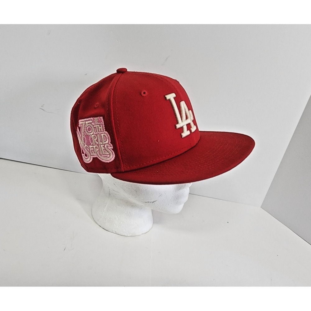 RARE New Era LA‎ Dodgers 59Fifty Fitted Hat 75th World Series Sz 7 1/8  Red Pink